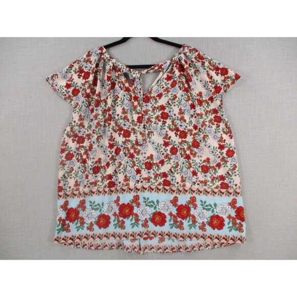 Lauren Conrad Womens Plus Size - 2X Floral Print Blouse Red White Green On Beige - Picture 7 of 10